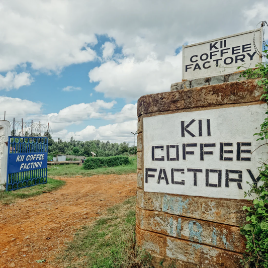 Kii coffee factory sign on front gate of facility