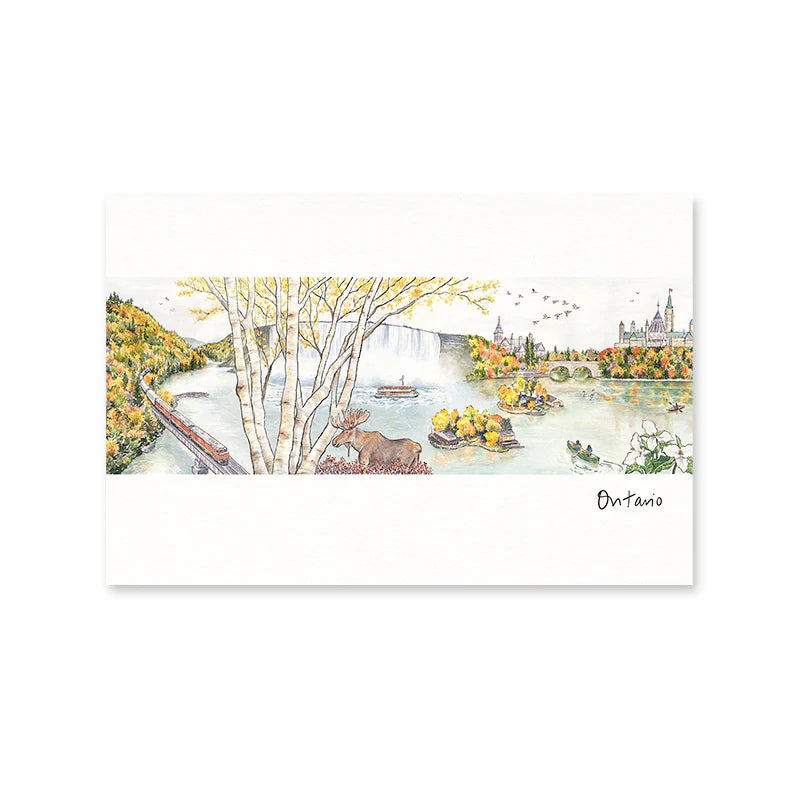 This postcard depicts a scenic collage of notable Canadian landmarks and wildlife in Ontario.

|It shows a watercolor illustration with a panoramic view of a vibrant autumnal landscape in Ontario. In the foreground, a moose stands with its impressive antlers, partially obscured by the delicate white trunks and yellowing leaves of birch trees. To the left, an orange train traverses a bridge over a river that leads to Niagara Falls, with a boat at the front. There's also the parliament on the right side.