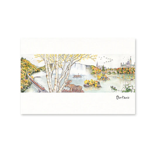 This postcard depicts a scenic collage of notable Canadian landmarks and wildlife in Ontario.

|It shows a watercolor illustration with a panoramic view of a vibrant autumnal landscape in Ontario. In the foreground, a moose stands with its impressive antlers, partially obscured by the delicate white trunks and yellowing leaves of birch trees. To the left, an orange train traverses a bridge over a river that leads to Niagara Falls, with a boat at the front. There's also the parliament on the right side.