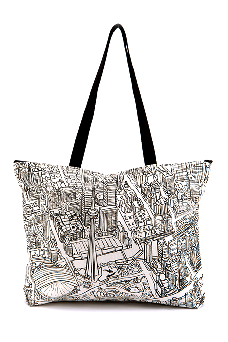 A black and white tote bag with a hand-drawn map of Toronto, featuring the CN Tower and City Hall.
