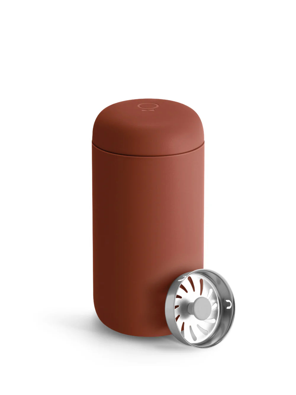 sienna coloured travel mug  a silver lid on a white background