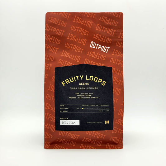 Outpost coffee package with 'Fruity Loops' label on a white background