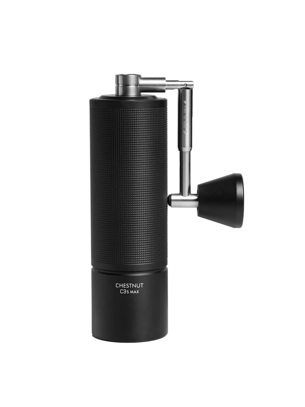 Black manual coffee grinder with metallic accents on a white background